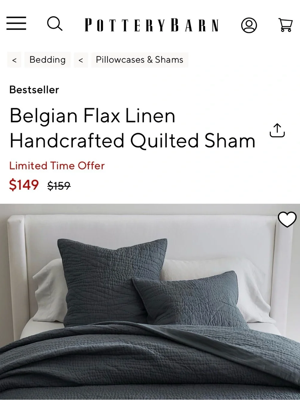 New 2 Pottery Barn Belgian Flax Linen Hand Stitched Shams Steel Blue Standard